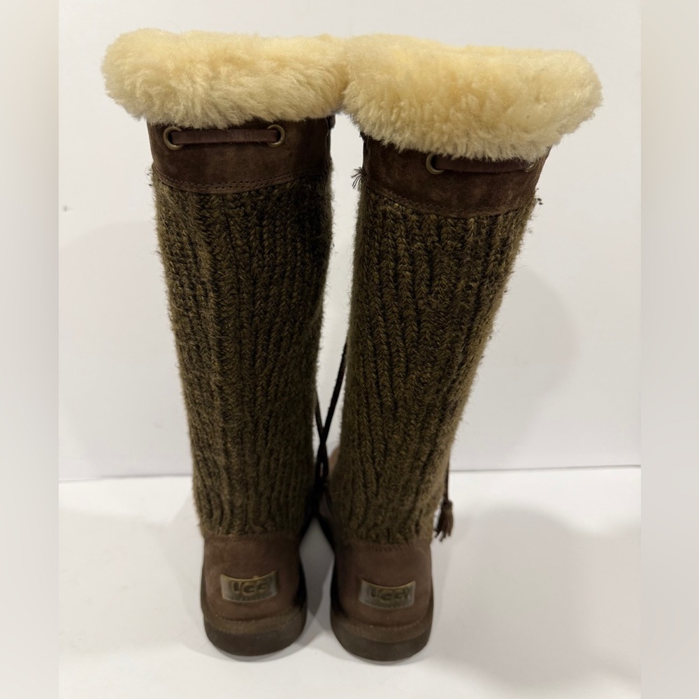 UGG Australia Tall Knit Shearling Boots Brown Leather Tassel Women’s 6 - Picture 2 of 13
